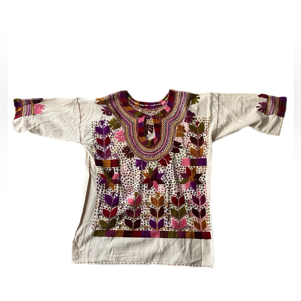 Vintage Boho Ethnic Mexican Embroidered Blouse Top Floral Small White Cotton